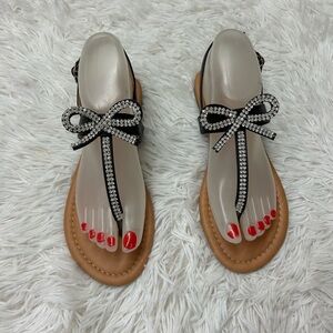 NWOT. Anna Black and Silver Sandals with Ankle Straps